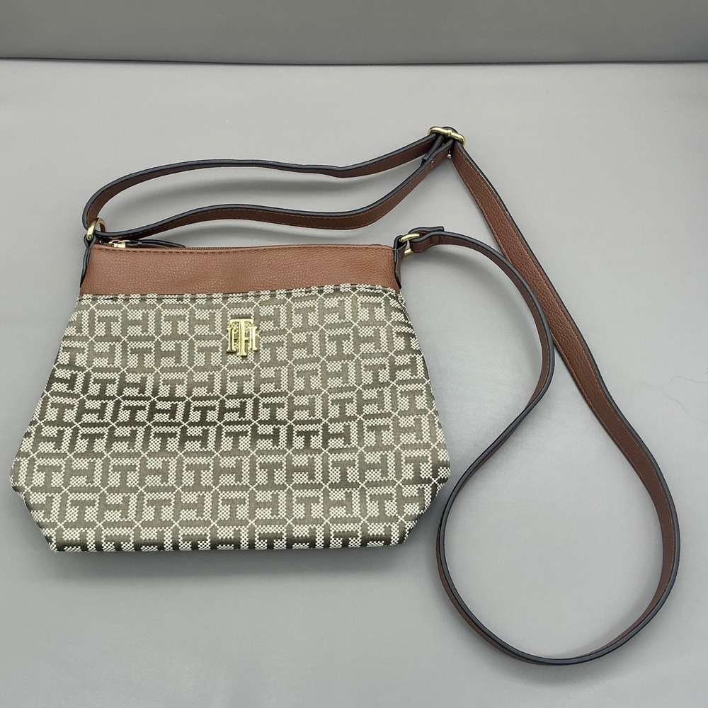 Tommy Hilfiger‎ Monogram Crossbody Shoulder Bag Brown Tan Canvas Gold Logo